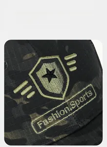 Detailed macro view of checkered camo fabric with Fashion Sports embroidery on cap