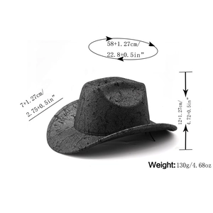 Tabella taglie di un cappello da cowboy grigio vintage con misure della corona e della tesa