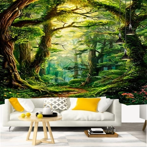 Detailed macro view of 3D forest tapestry wall hanging with vibrant sunlight beams