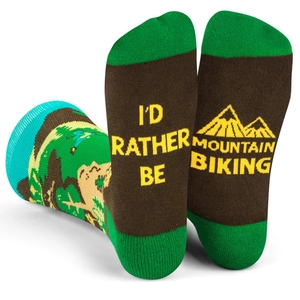 Detail view of cotton socks with mountain biking pattern and text on the soles