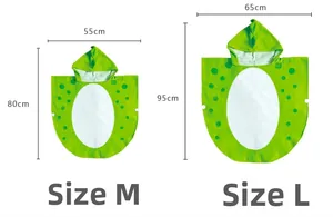 Size guide for kids dinosaur hooded bathrobes in M and L showing detailed dimensions