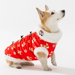 Gilet festivo rosso per Corgi con stampe floreali e bordo in ecopelliccia bianca