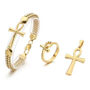 Golden stainless steel Ankh jewelry set including necklace, bracelet and 18K ring
