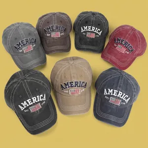 Casquettes de baseball vintage délavées avec broderie drapeau américain en sept couleurs