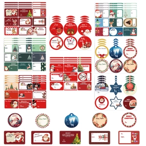 Christmas gift label sticker set with Santa and reindeer designs on white background