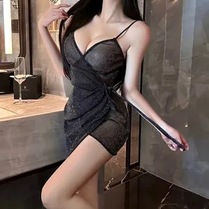 Sexy black glitter mesh bodycon chemise with deep V-neck and side tie wrap design