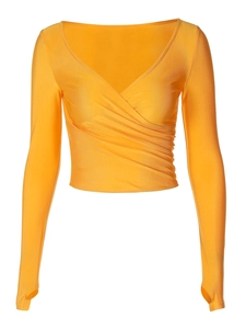 T-shirt sexy jaune à col en V profond avec manches longues plissées et passe-pouces