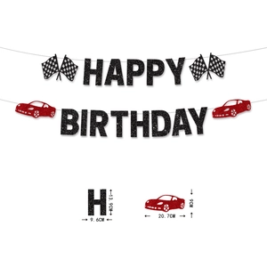 Racing car happy birthday banner with red glitter letters and checkered flags