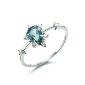 S925 sterling silver sea turtle ring with pear-cut blue gemstone and halo stones