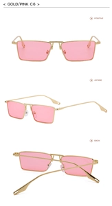Three-angle views of gold metal rectangle sunglasses with pink tinted lenses