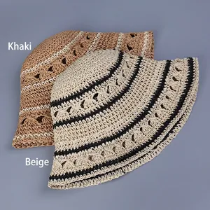 Handcrafted foldable crochet straw bucket hat with black stripes and hollow patterns