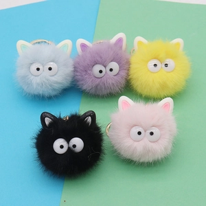Cute Faux Mink Fur Plush Soot Ball Keychain Pompom Bag Charm With Big Eyes And Metal Ring For Women Handbag Decor Accessory