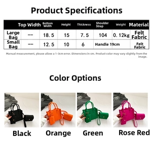 Size guide for mini felt tote bags showing dimensions for small and large crocodile patterns