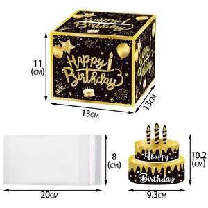 Black gold happy birthday money pull box kit with cake topper and gift bags
