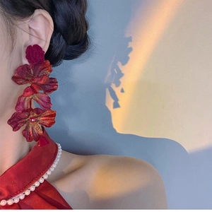 Exquisite 3D red flower tassel earrings with ruby accents and elegant silver pins