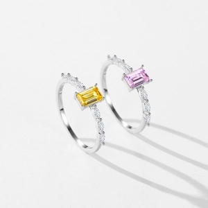 Elegant S925 sterling silver rings with pink and yellow square cut crystals in a set