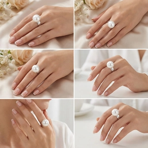 Detailed views of a stainless steel ring featuring a large white pearl on a female hand