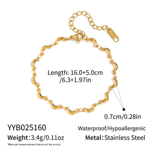 Detail view of golden moon charm stainless steel bracelet with dimensions and features
