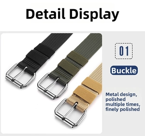 Detailed close-up of woven canvas belts with polished metal pin buckles in three colors