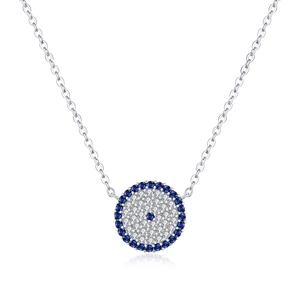 Elegant 925 sterling silver necklace featuring a round blue evil eye pendant with crystals