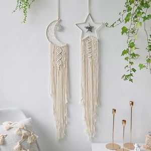 Boho Handmade Macrame Moon And Star Dream Catcher With LED Lights Cotton Rope Woven Tassel Wall Hanging For Home Bedroom Decor