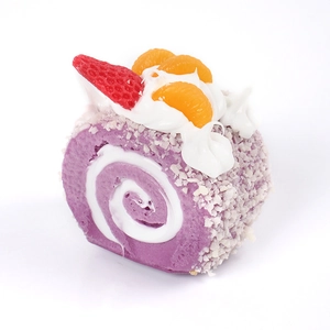 Artificial purple Swiss roll cake model with realistic strawberry and orange cream toppings