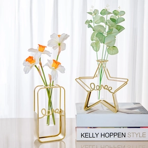 Golden geometric iron hydroponic vase set with glass tubes and love lettering