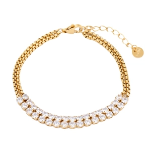 18K gold plated stainless steel bracelet with double row cubic zirconia crystals