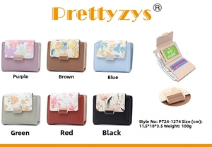 Detail view of compact floral PU leather wallet interior structure and hardware buckle