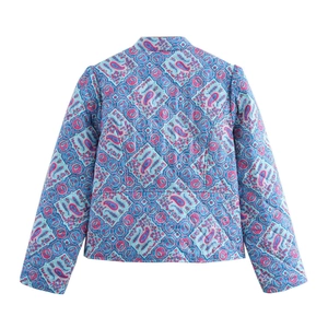 Rear view of women's quilted jacket with bohemian paisley and geometric floral prints