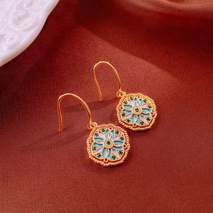 Retro Floral Round Drop Earrings Gold Plated Copper Enamel Zircon French Style Vintage Jewelry For Women