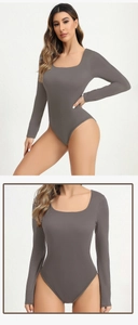 Detail of gray seamless ribbed bodysuit showing square neckline and stretch fabric