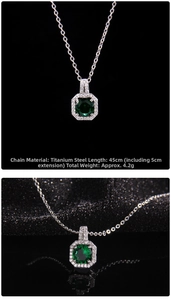 Macro side view of emerald-cut green zircon pendant with 45cm titanium steel chain