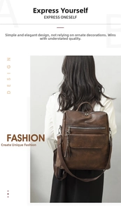 Detail of vintage dark brown PU leather backpack featuring tassel pocket and rich texture