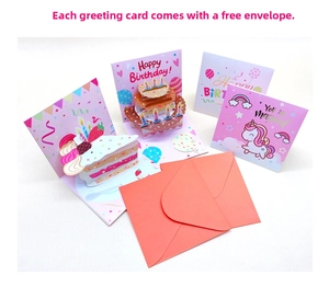 3D pop-up birthday cake card set with orange envelope and magical unicorn design