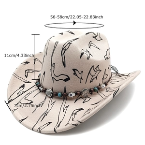 Beige western cowboy hat with flying bird prints and bohemian beaded turquoise band