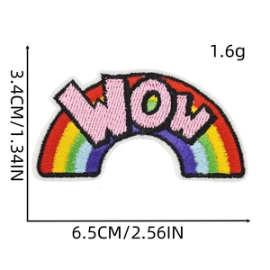 Rainbow WOW alphabet embroidery patch for kids clothing with size measurements