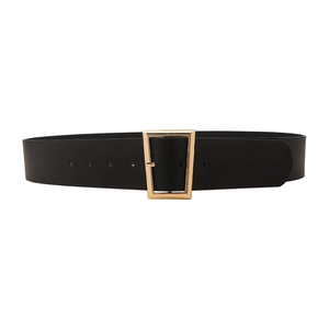 Women's minimalist black leather waist belt with elegant gold geometric metal buckle