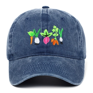 Vintage washed blue cotton baseball cap with vegetable embroidery for women