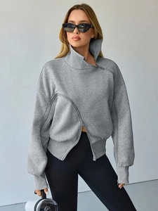 Women's grey high neck hoodie with asymmetrical side zipper and casual loose fit design