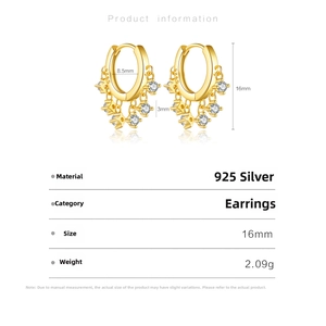 Macro detail of S925 silver hoop earrings with star charms and zircon dimensions