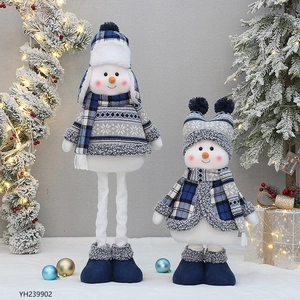 Blue fabric telescopic snowman plush figurines for Christmas home decor, set of two