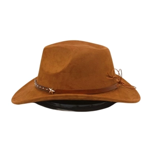 Detailed view of brown faux suede cowboy hat with star studded leather hatband and knots