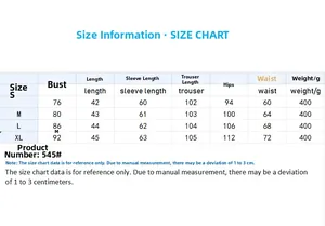 Detailed size chart for the solid color long sleeve top and pants two-piece set