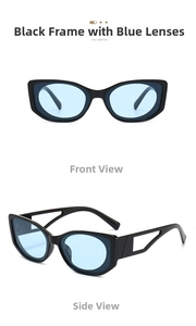 Detail view of oval sunglasses featuring unique hollowed-out temples and blue lenses