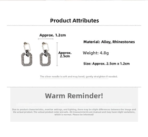 Detailed view of silver-toned geometric chain earrings with rhinestones and dimensions