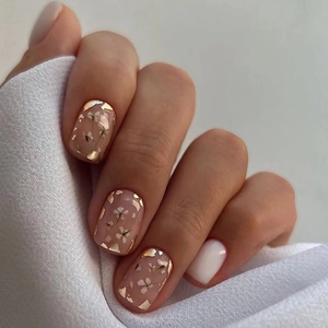 Short Press On Nails False Nail Tips Artificial Pearl White Hand Painted Floral Gold Foil Elegant Sweet Square Round Shape For Women