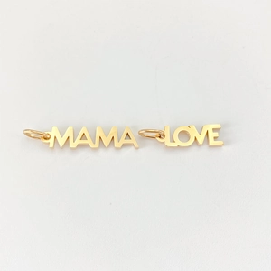 Polished gold MAMA and LOVE letter pendants with integrated top hanging loops for DIY jewelry