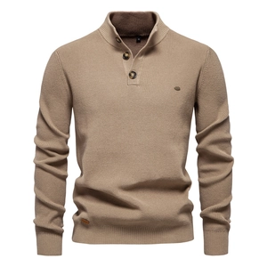 Men's half-zip standing collar knit sweater in dark khaki, classic slim fit style