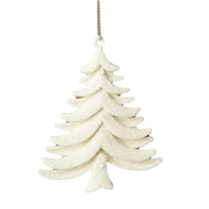 White glitter Christmas tree hanging ornament with silver sparkle finish and hanging string